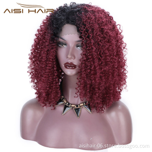 Aisi Hair Medium Long Afro Kinky Curly Wig Ombre Red Dark Root Lace Frontal Wig Synthetic Lace Front Hair Wigs For Black Women